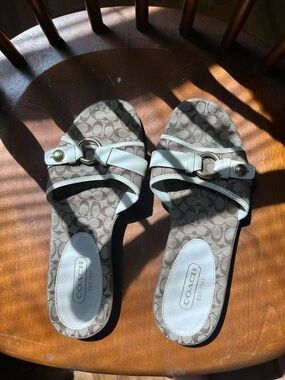 Coach Brown Signature Canvas Sandals with White Leather Trim